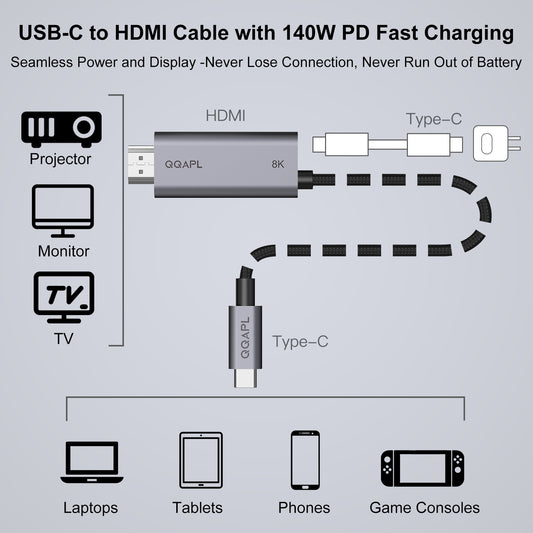 USB C to HDMI 2.1 Cable 6.6FT with 140W Charging, 8K@60Hz/4K@240Hz,Type C to HDMI Adapter Cord for iPhone,iPad,Mac,MacBook Air/Pro Laptop,Samsung,Chromebook,Android,Switch,TV,Monitor,Projector