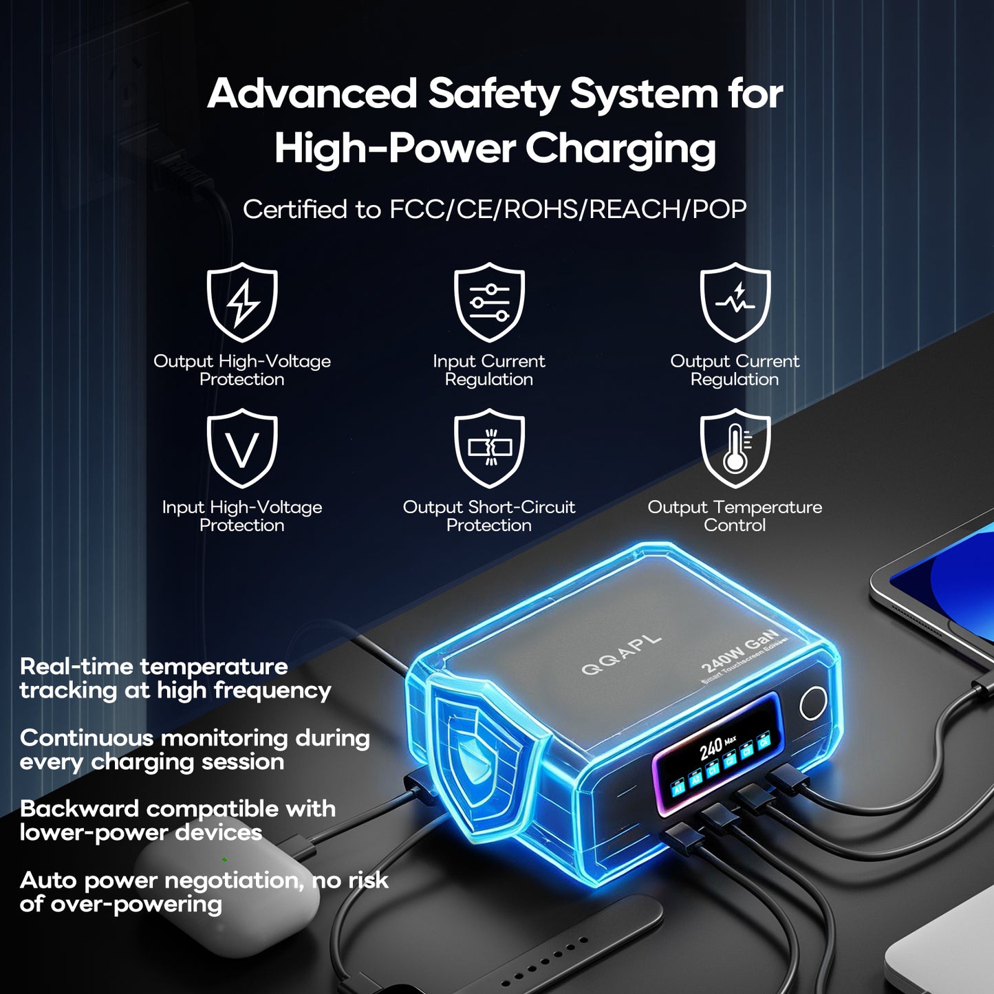QQAPL 2.26” Touchscreen USB C Charging Station for Multiple Devices, 240W Desk Charger Block Dual 140W for Apple MacBook,iPad,iPhone,Watch,Airpods,Dell,HP,Surface,ASUS,Samsung,Lenovo,Pixel,Android etc