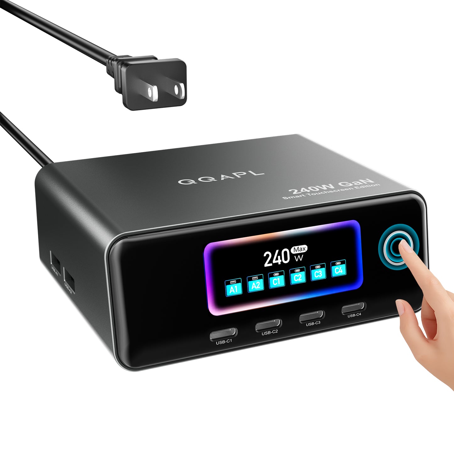 QQAPL 2.26” Touchscreen USB C Charging Station for Multiple Devices, 240W Desk Charger Block Dual 140W for Apple MacBook,iPad,iPhone,Watch,Airpods,Dell,HP,Surface,ASUS,Samsung,Lenovo,Pixel,Android etc