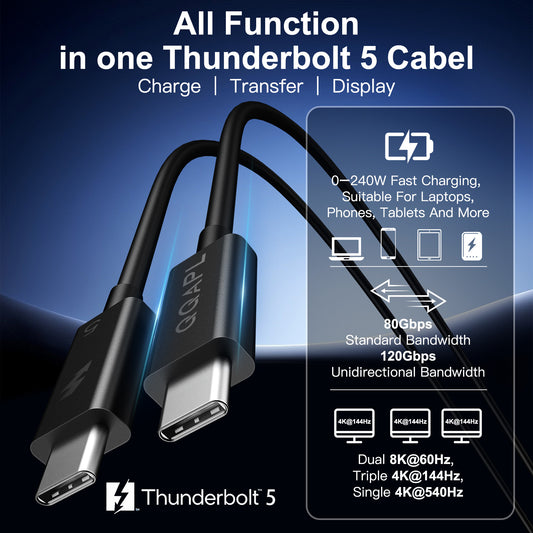 QQAPL [Intel Certified] Thunderbolt 5 Cable, 3.3FT 80Gbps Data Transfer,240W Charging,Up to 120Gbps 8K/4K Displays,Compatible with Thunderbolt 4/3/USB4, For Macbook,iPhone16,SSD, Dock,eGPU