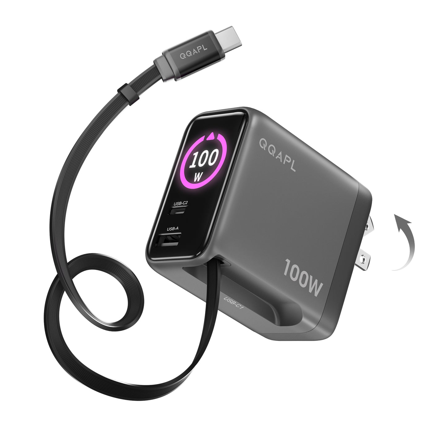 100W GaN USB C Charger Block, Foldable Retractable Charger with 1.33″ Display, Compact 3-Port Fast Wall Charger for MacBook Pro/Air/Neo, Dell XPS, iPhone 17, Galaxy S26, Pixel, iPad, DJI Drone