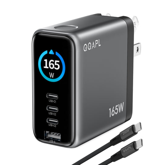 165W GaN USB C Laptop Charger Block, Compact 140W MacBook Pro Charger
PD 3.1, Smart Display, 3 USB-C & 1 USB-A Ports, Foldable Plug, Compatible Macbook Air, iPad, iPhone (Include 5FT 240W Cable)