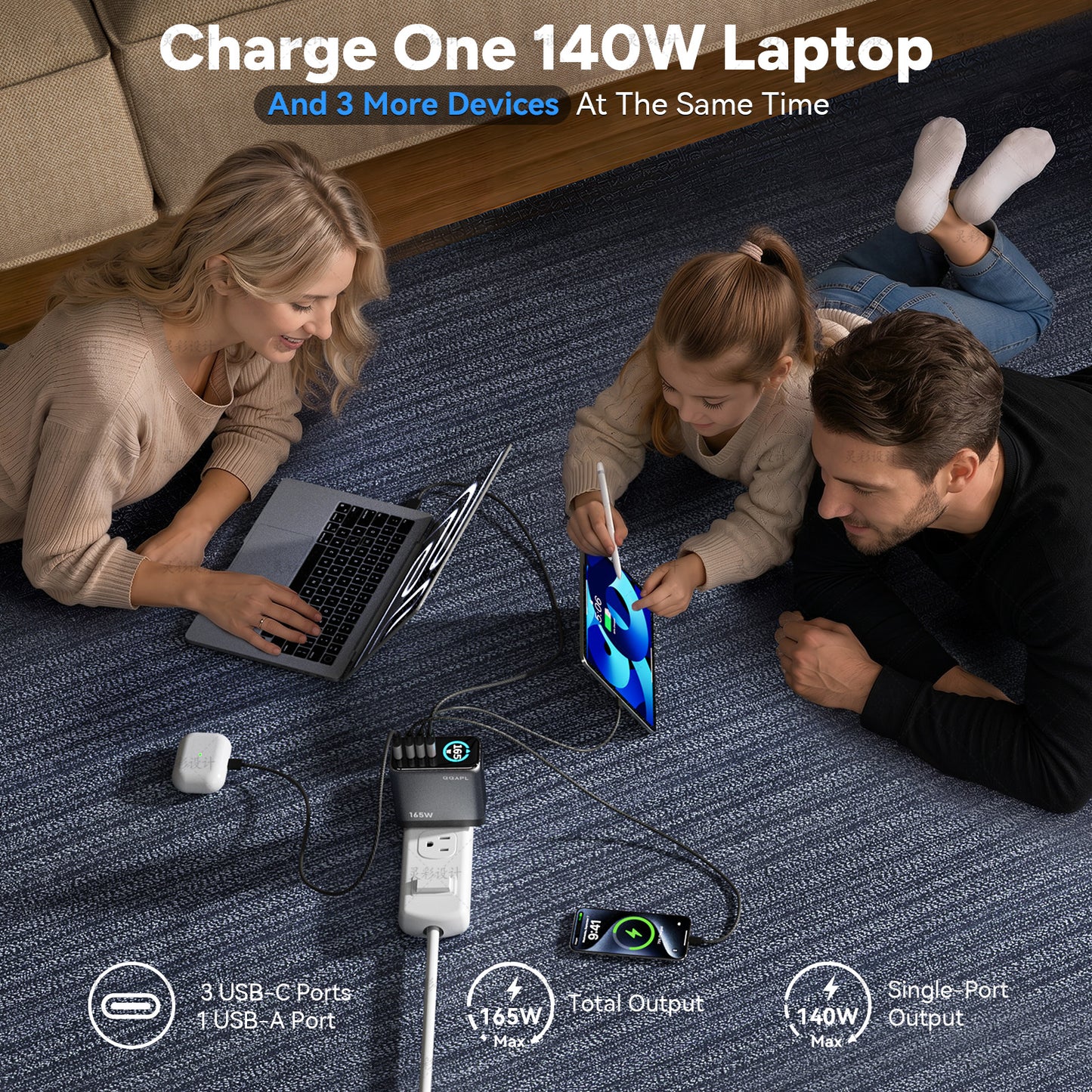 165W GaN USB C Laptop Charger Block, Compact 140W MacBook Pro Charger
PD 3.1, Smart Display, 3 USB-C & 1 USB-A Ports, Foldable Plug, Compatible Macbook Air, iPad, iPhone (Include 5FT 240W Cable)