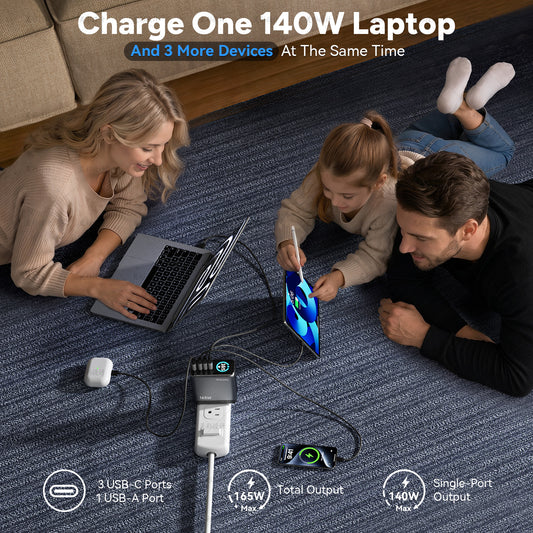 165W GaN USB C Laptop Charger Block, Compact 140W MacBook Pro Charger
PD 3.1, Smart Display, 3 USB-C & 1 USB-A Ports, Foldable Plug, Compatible Macbook Air, iPad, iPhone (Include 5FT 240W Cable)
